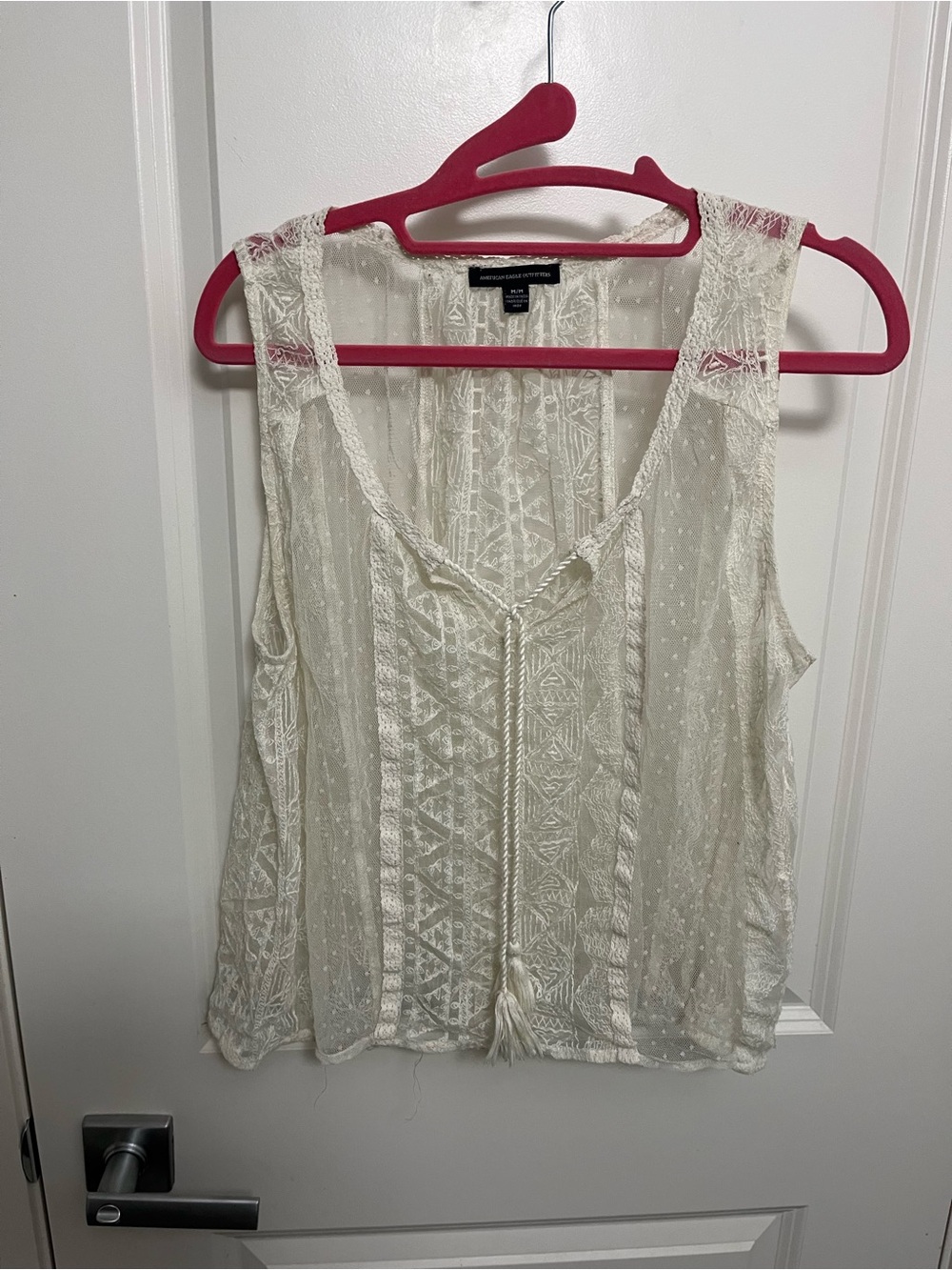 American Eagle Boho Lace Sleeveless Cropped Tank Top with Tassels - Size M